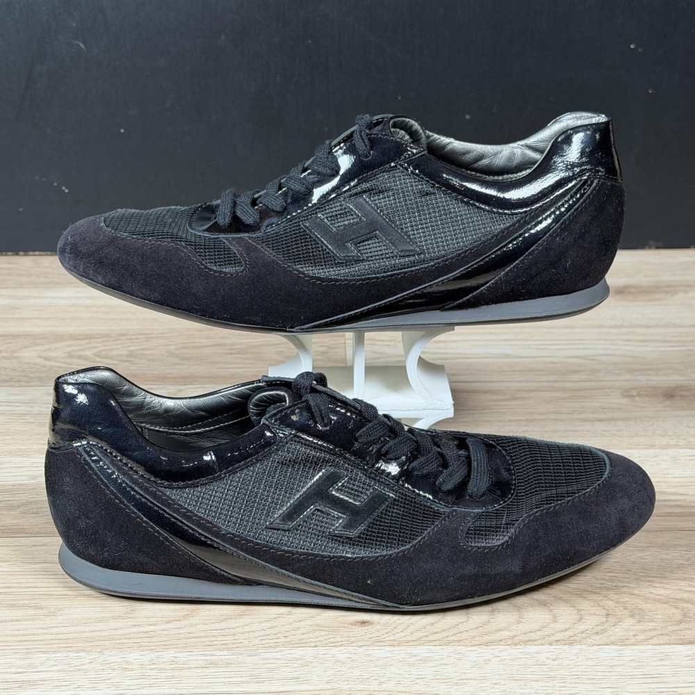 Tods Hogan Shoes Mens Size 10.5 Black Suede Patent Leather Sneakers Luxury Italy